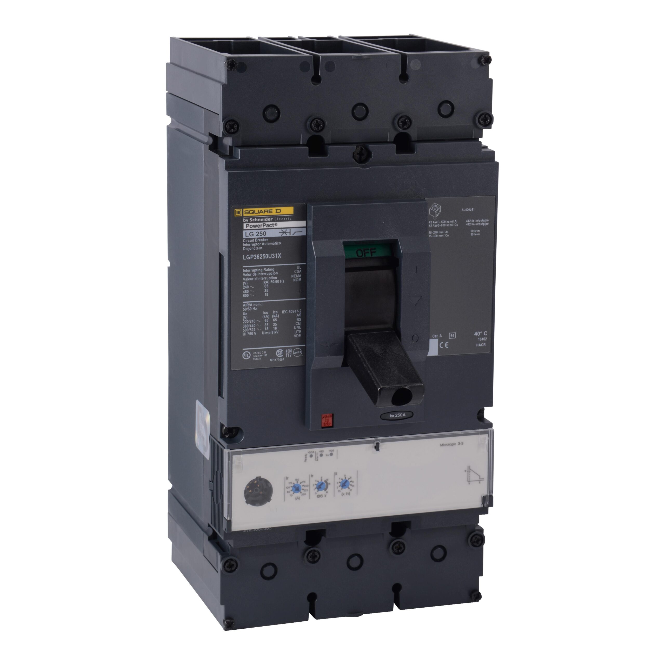 LJP36250U31X Schneider Circuit Breaker 240V 250A 3-Poles Parts Distributor LJP36250U31X Schneider Electric Molded Circuit Breaker 240V 250A Toggle