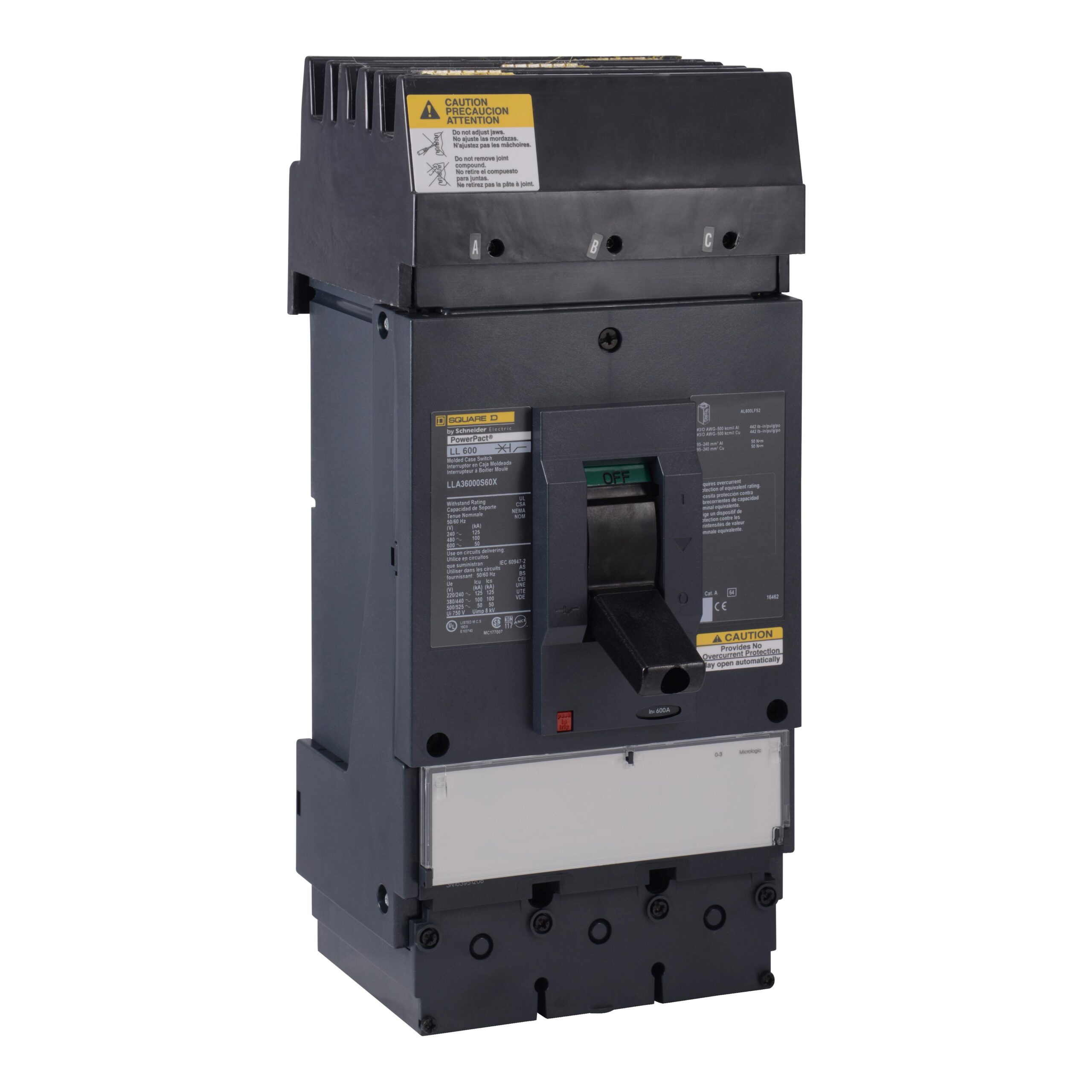 LLA36000S60X Schneider Circuit Breaker 600V 600A 3-Poles Parts Distributor LLA36000S60X Schneider Electric Molded Circuit Breaker 600V 600A Lever