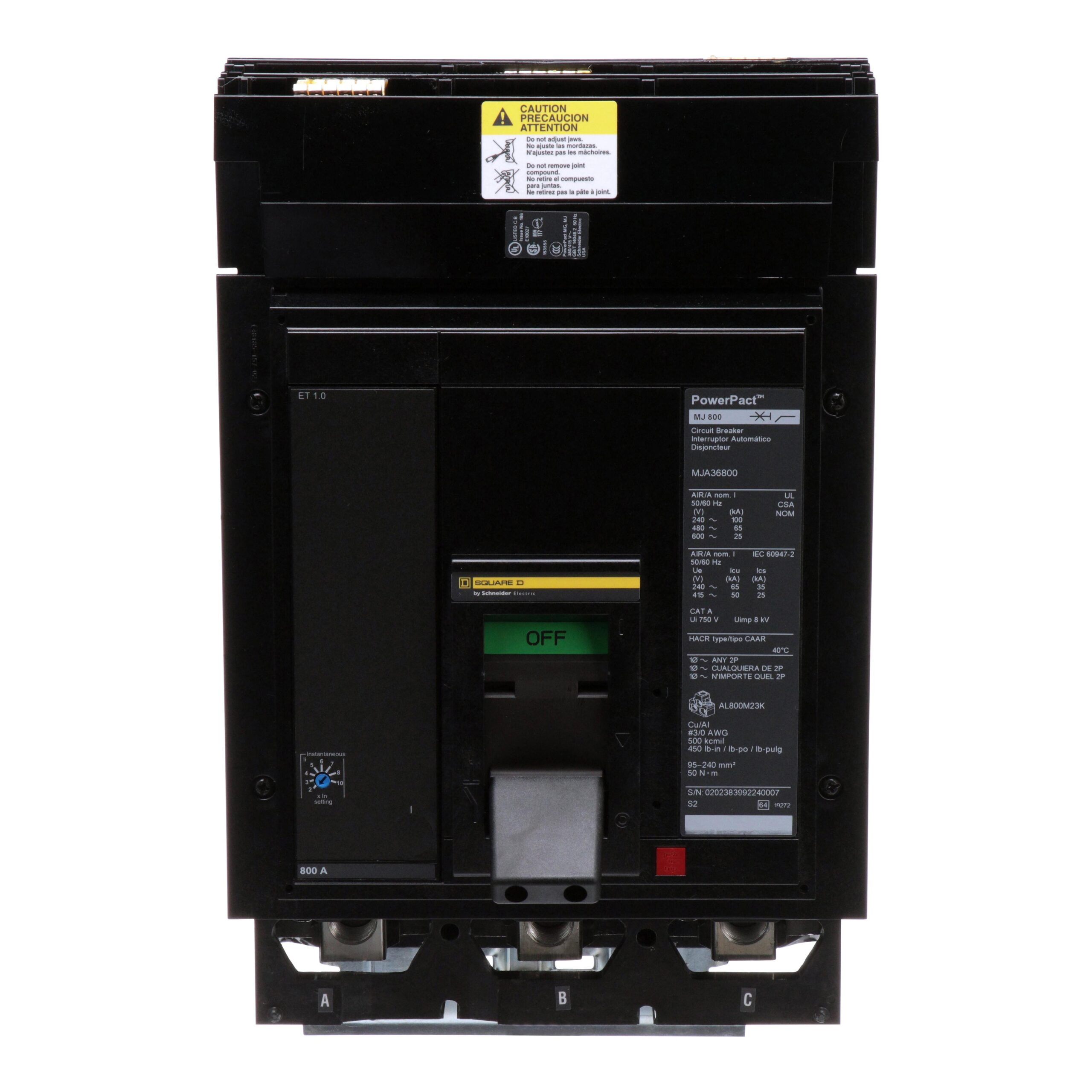 MJA36800 Schneider Circuit Breaker 600V 800A 3-Poles Parts Distributor MJA36800 Schneider Electric Molded Circuit Breaker 600V 800A Lever