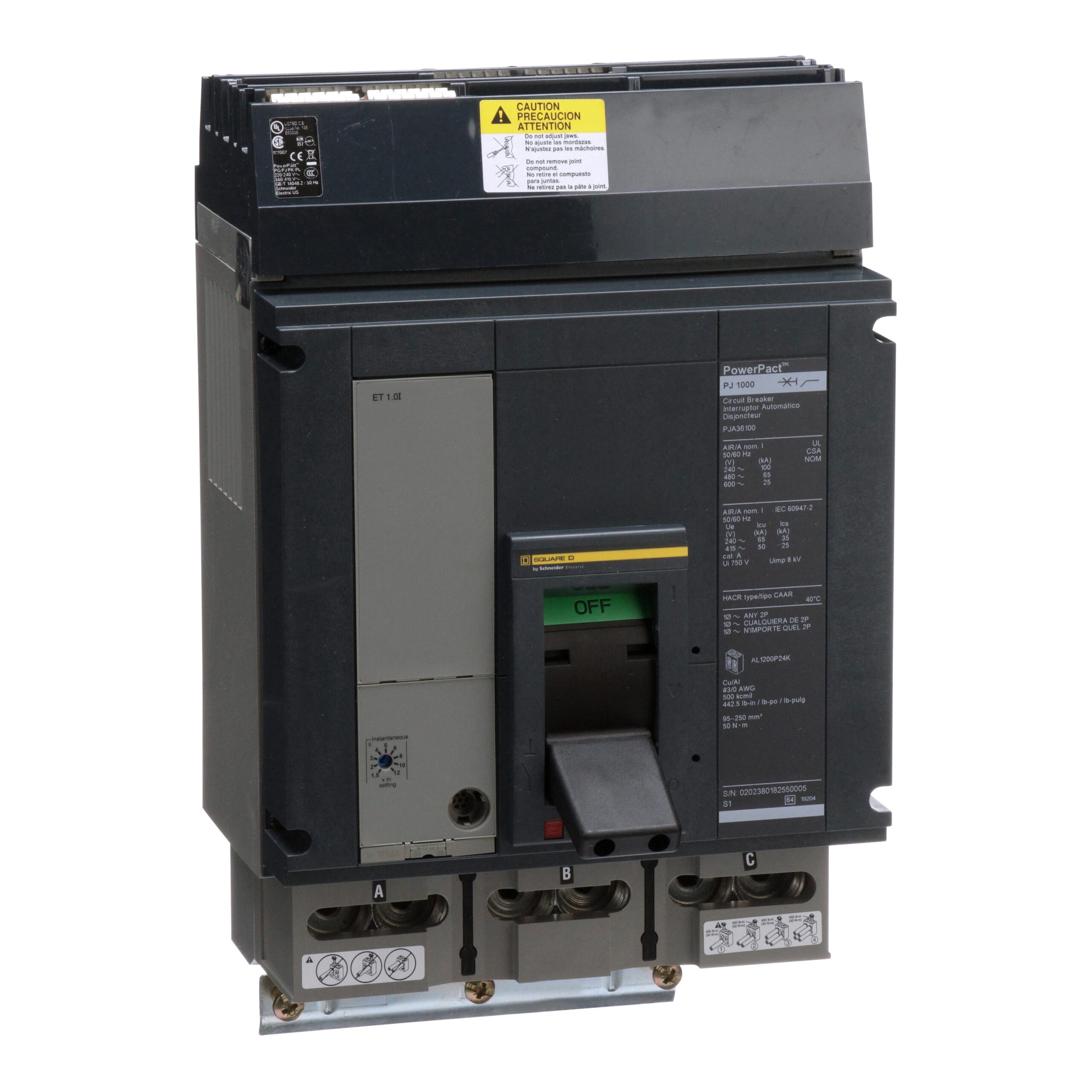 PJA36100 Schneider Circuit Breaker 600V 1000A 3-Poles Parts Distributor PJA36100 Schneider Electric Molded Circuit Breaker 600V 1kA Toggle
