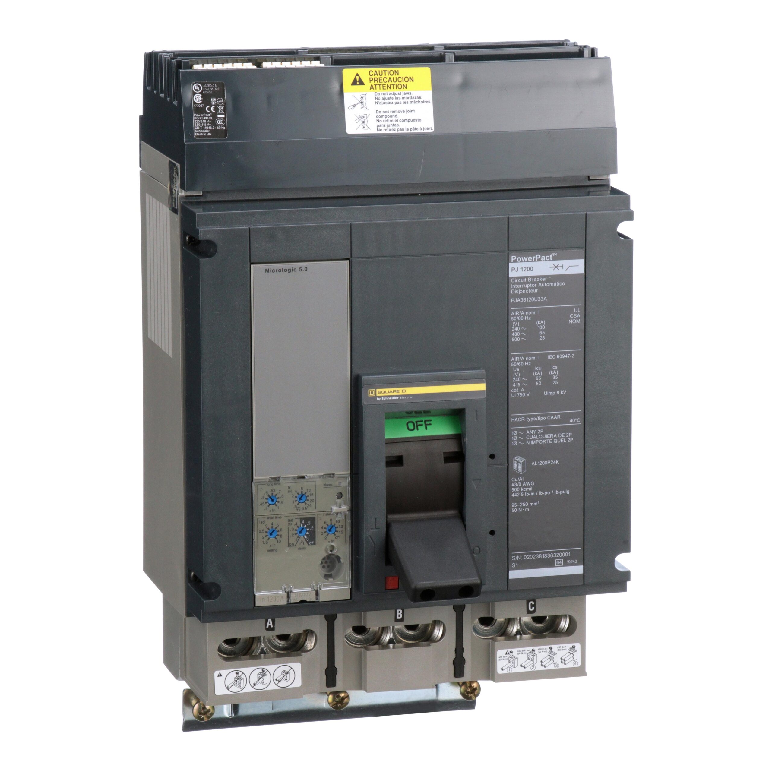 PJA36120U33A Schneider Circuit Breaker 600V 1200A 3-Poles Parts Distributor PJA36120U33A Schneider Electric Molded Circuit Breaker 600V 1.2kA Toggle