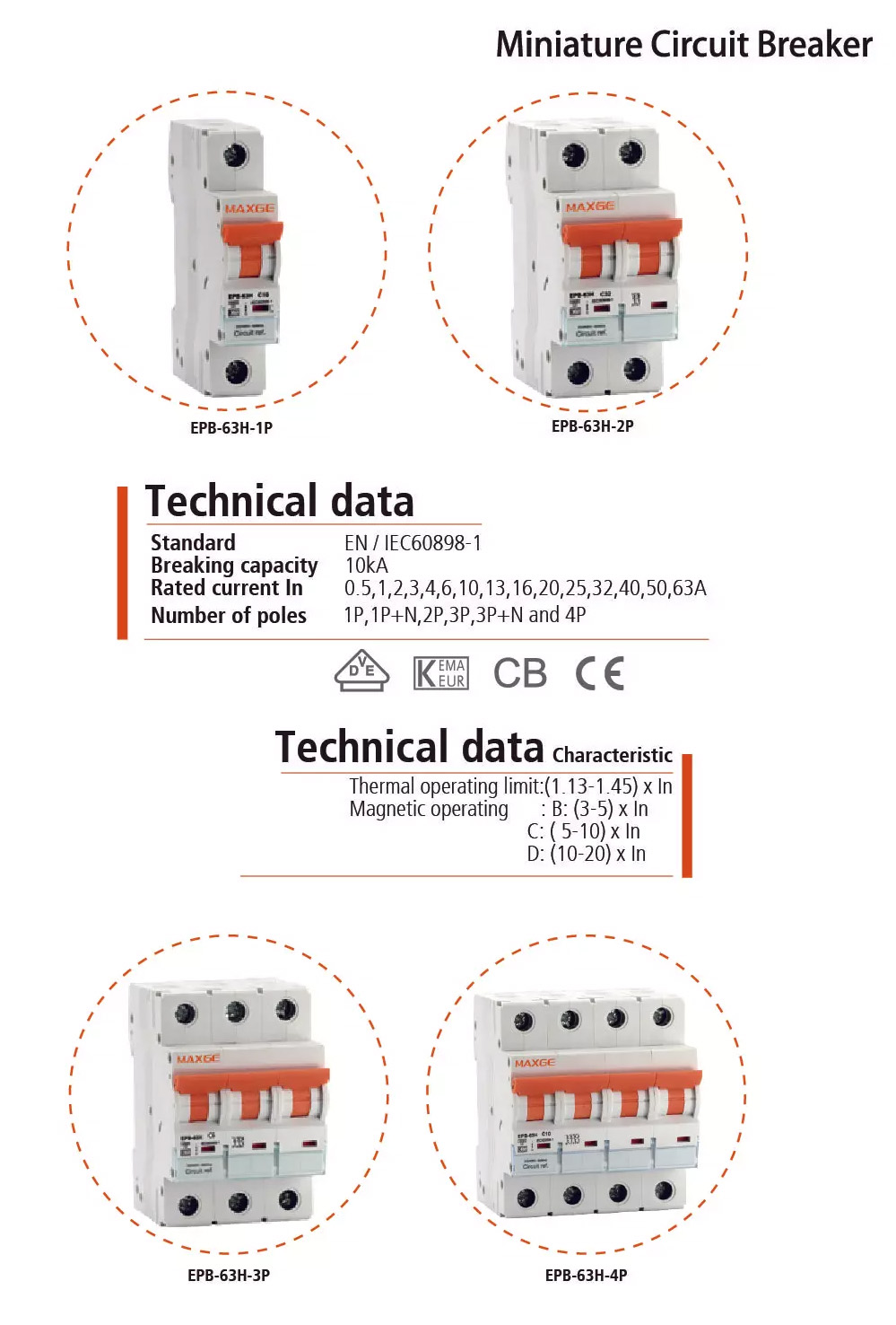 EPB-63H-1P MaxGE Miniature Circuit Breaker 4A 10kA 1 Pole Parts Distributor EPB-63H-1P MaxGE Miniature Circuit Breaker 4A 10kA 1 Pole