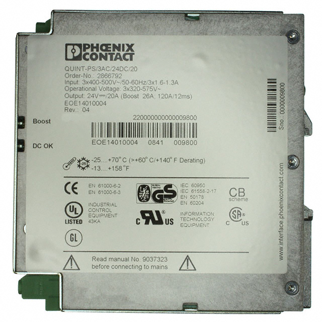 2866792 Phoenix Contact AC/DC DIN Rail Power Supply 24V 480W Parts Distributor 2866792 Phoenix Contact AC/DC DIN Rail Power Supply 24V 480W